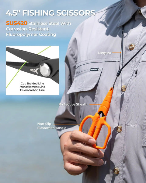 All In One Fishing Tool Set With Corrosion Resistant Pliers Fillet Knife Scissors Lip Gripper And Multi Functional Jaw For Freshwater Bass Angling A Great Gift For Men 4.5 inch scissors in hand showing non-slip elastomer handle and lanyard