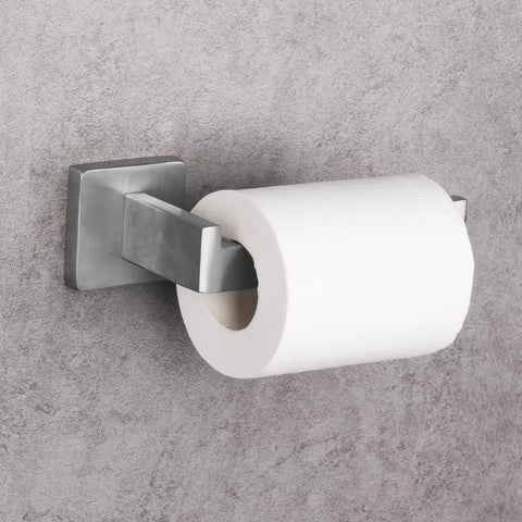 Brushed Nickel Square Bathroom Accessories Set With 24 Inch Towel Bar Wall Mounted Tough Stainless Steel Hardware Includes Hand Towel Holder Toilet Paper Roll Dispenser And Two Robe Hooks For Easy Organization In Any Modern Bath toilet paper dispenser close-up
