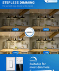 Dimmable BR30 LED Flood Light Bulbs 11W 850lm 3000K Soft White dimming levels in kitchen setting with dimmer switch