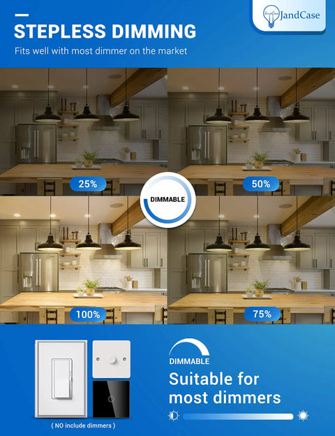 Dimmable BR30 LED Flood Light Bulbs 11W 850lm 3000K Soft White dimming levels in kitchen setting with dimmer switch