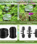 Drip Irrigation Kit For Garden Raised Beds And Lawn Adjustable Watering System With Drip Emitters, tubing, and fittings details