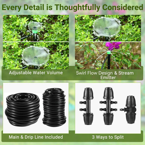 Drip Irrigation Kit For Garden Raised Beds And Lawn Adjustable Watering System With Drip Emitters, tubing, and fittings details
