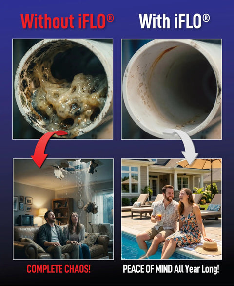 "Comparison of clogged vs clean pipe, emphasizing effectiveness of Smart Air Conditioning Drain Line And Drain Pan Cleaner With Bio Enzymatic Cleaning Solution, App Controlled Maintenance For HVAC Systems, Includes 36 Oz Cleaner Cartridge Concentrate And 6 Month Supply, Easy To Install"