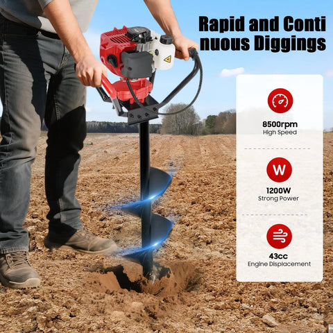 Person using Gas Powered Post Hole Digger 43cc Two Stroke With 8 Inch Auger Bit for fence posts and landscaping.