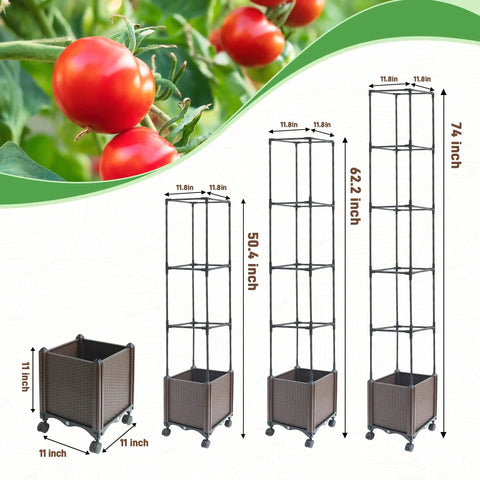 Raised Garden Bed Planter Box With Trellis 62.2 Inch Self Watering Tomato Planter, images of three trellis sizes with dimensions.