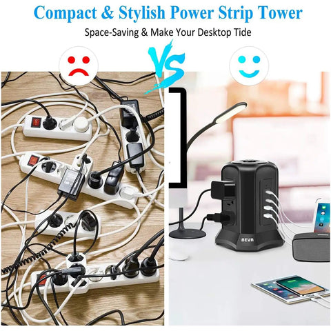 Before and after using Power Strip Tower Surge Protector With Nine AC Outlets And Four USB Ports 900 Joules for tidy organization