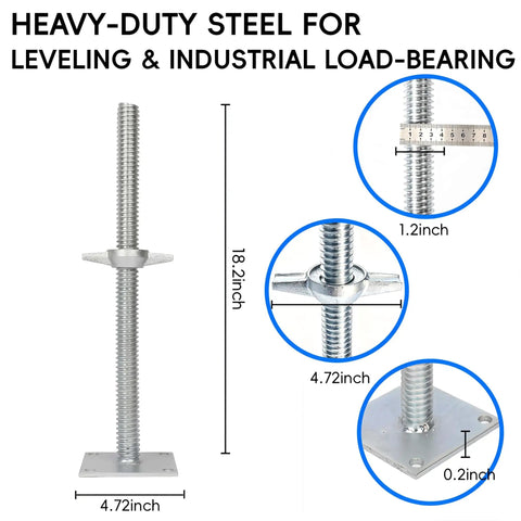 Four Pack 18 Inch Adjustable Leveling Jacks For Baker Style Scaffolding, heavy-duty galvanized steel with base plate details