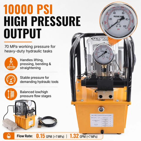 Heavy Duty 750W Electric Hydraulic Pump With Double Acting Design And Pedal Switch Cranking 10000PSI And Dead Accurate Pressure Gauge For Real Shop Work And No Hassle Operation