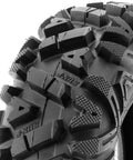 Close-up of All Terrain UTV Tire Set 27x9-12 Front And 27x11-12 Rear Tubeless 6 Ply A033 Durable ATV Tires showing beefy tread design.