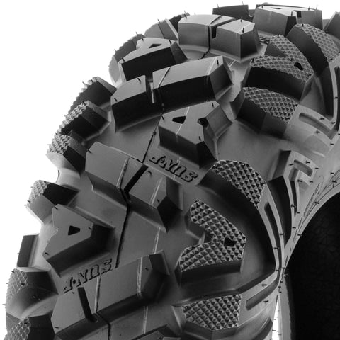 Close-up of All Terrain UTV Tire Set 27x9-12 Front And 27x11-12 Rear Tubeless 6 Ply A033 Durable ATV Tires showing beefy tread design.
