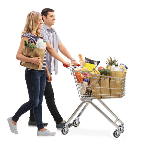 Two people pushing a grocery cart with Heavy Duty Shopping Cart Wheels 5 By One And One Quarter Inch Bore Three Eighths Polyurethane Wheels