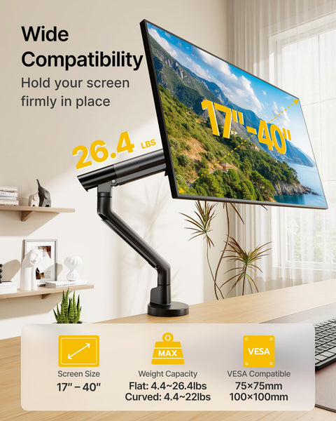 Slick Aluminum Monitor Arm Desk Mount For 17 To 40 Inch Screens Hella Stable Full Motion VESA Bracket showcasing compatibility for various screen sizes.