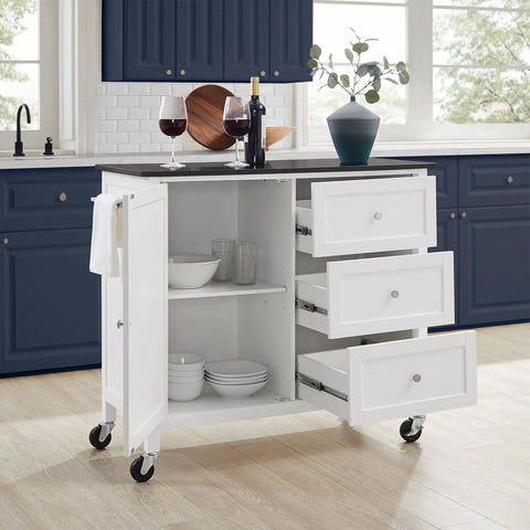 Granite Top Kitchen Island Cart With Rolling Wheels, drawers open, showing storage space, black finish, in modern kitchen.
