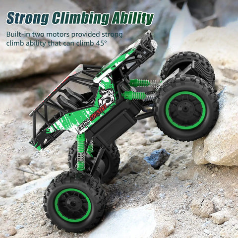 One Fourteen Scale Large Off Road Remote Control Monster Truck With LED Headlights 4WD climbing rocky terrain