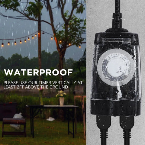 Rugged Outdoor Timer Outlet With Two Grounded Outlets 24 Hour Mechanical Dial Waterproof ETL Listed For Outdoor Lights Control 15 Amp Half Horsepower Power Switch Perfect For Yard Lighting And Seasonal Setups shown in use outdoors in rain