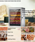 Heavy Duty Stainless Steel Food Dehydrator With 800 Watt Motor And 24 Hour Timer with various dried fruits and jerky showcased.