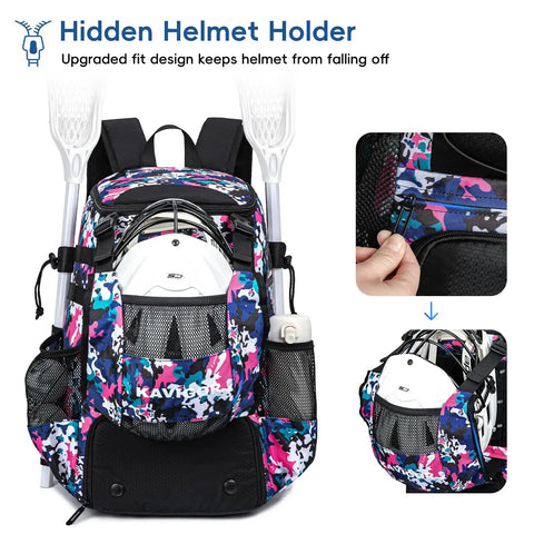 Youth Lacrosse Backpack With Secure Helmet Slot And Separate Shoe Compartment, Waterproof Team Gear Bag For Boys And Girls, Ventilated Mesh Back, Game Day Ready Solid Haul with hidden helmet holder design