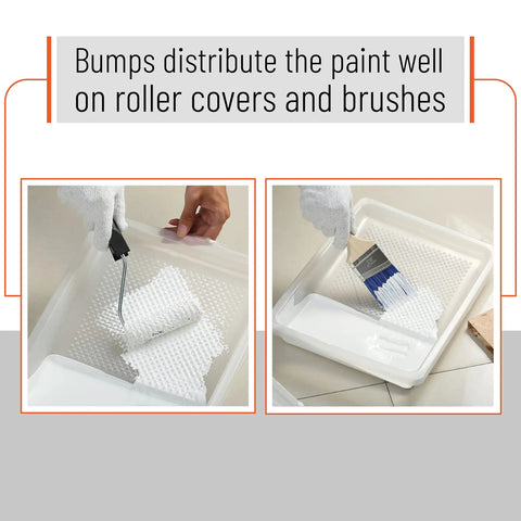 9 Inch Paint Tray Liners Pack Of 10 For Quick Color Swaps White Plastic Roller Tray Liners That Fit Standard Trays Crack Resistant And Durable Easy Cleanup For Pros And DIYers showing paint application