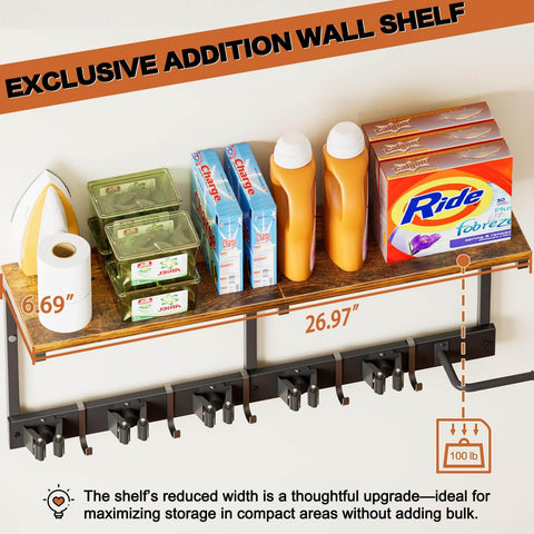 All In One Broom Holder Wall Mount With Cleaning Supplies Organizer for laundry room, shelf holding cleaning products and hooks