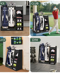 Birch Plywood Golf Bag Storage For Two Bags With 36Lb Rock Solid Organizer And 7 Shelf Command Center Plus Artificial Turf 12 Ball Display No Wall Mounting Needed Black in various settings.