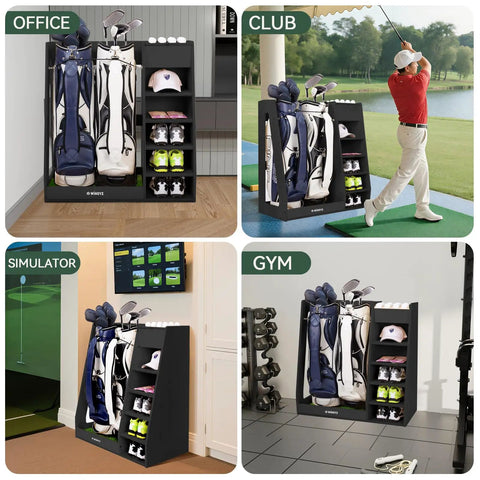 Birch Plywood Golf Bag Storage For Two Bags With 36Lb Rock Solid Organizer And 7 Shelf Command Center Plus Artificial Turf 12 Ball Display No Wall Mounting Needed Black in various settings.