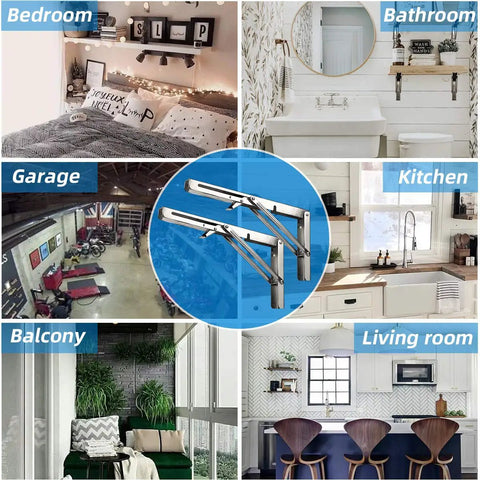 Built Tough Space Saving Folding Shelf Brackets 16 Inch Stainless Steel Collapsible Hinges in various room settings