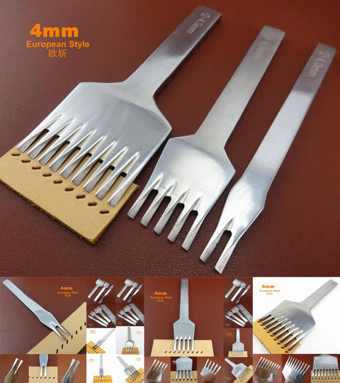 Leather Craft Prong Chisel Set 3 Pack 4mm Angled Hex Flat Head European Style Wavy Stitching Punch Tools for Leather Working