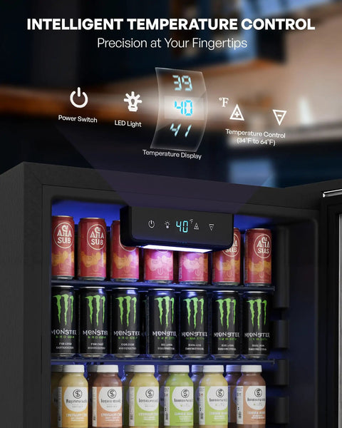 Front view of 126 Can Beverage Refrigerator Cooler With Glass Door Mini Fridge For Home Bar Or Office That Hauls Beer Wine And Sodas Three Point Two Cubic Feet Of Chill Adjustable Removable Shelves In Eight Slots Black displaying stocked cans and temperature control.