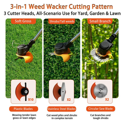 Cordless 21V Weed Eater With Stringless Design showing 3 blade types for grass, weeds, and branches on a yard terrain.