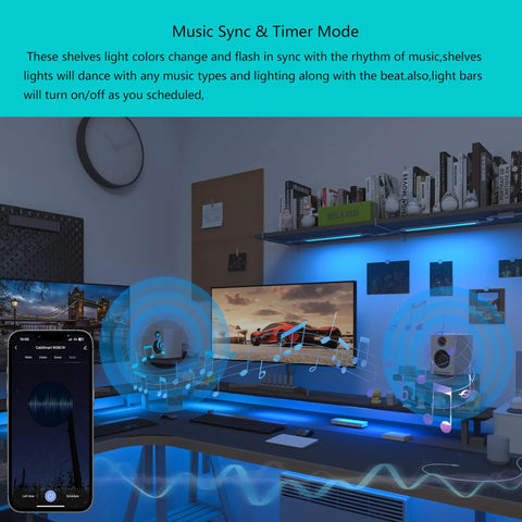 Under Cabinet LED Strip Lights Dope RGB Color Changing With Dimmable White, desk setup showing music sync and app control.