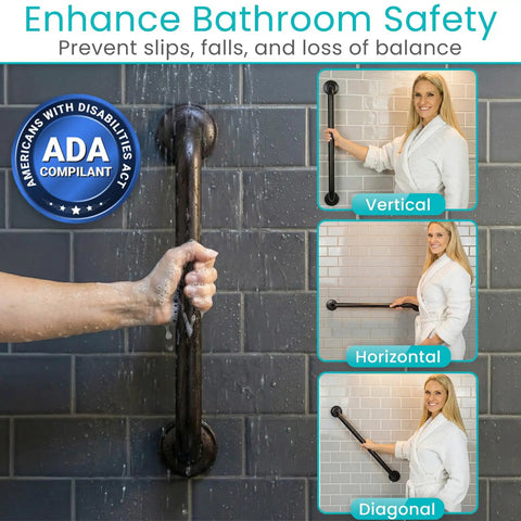 Solid as a Rock Shower Grab Bar Heavy Duty Bathroom Handrail With Zero Slip Grip, wet hand gripping a stainless steel bar in shower.