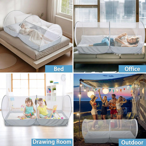 Portable Pop Up Bed Tent Mosquito Net For Travel And Camping in various settings, including bed, office, drawing room, and outdoor use.