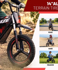 Kids Electric Dirt Bike 36V 350W Motor With Alloy Wheels And Fourteen Inch Pneumatic Tires on various terrains