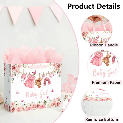 13 Inch Pink Floral Baby Gift Bag With Sturdy Handles Includes Matching Card And Three Sheets Of Tissue Paper shown with ribbon handles and reinforced bottom