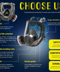Full Face Respirator Mask Reusable Large Gas Mask For Dust And Organic Vapors Formaldehyde And Chemicals Pro Grade Breathing Protection with features in gray