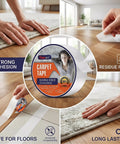 Heavy Duty Tough Double Sided Carpet Tape Fiberglass Reinforced Residue Free Rug Tape For Hardwood Floors And Tile Hand Tearable Anti Slip Safety For Kids And Pets 2 Inches By 10 Yards White in use on hardwood floor.