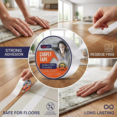 Heavy Duty Tough Double Sided Carpet Tape Fiberglass Reinforced Residue Free Rug Tape For Hardwood Floors And Tile Hand Tearable Anti Slip Safety For Kids And Pets 2 Inches By 10 Yards White in use on hardwood floor.
