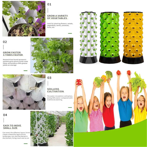 Collage of three colored hydroponic towers and children holding vegetables from the Six Story Indoor And Outdoor Hydroponics Tower Set.