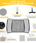 Indoor Outdoor Golf Cage With Impact Screen 10x8 Ft Hitting Net diagram showing features like 6-ply netting and reinforced poles