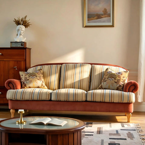 Living room sofa with striped cushions and 6 Inch Wooden Furniture Legs Bun Feet Set Of 4 With M8 Bolt Recessed Mounting.