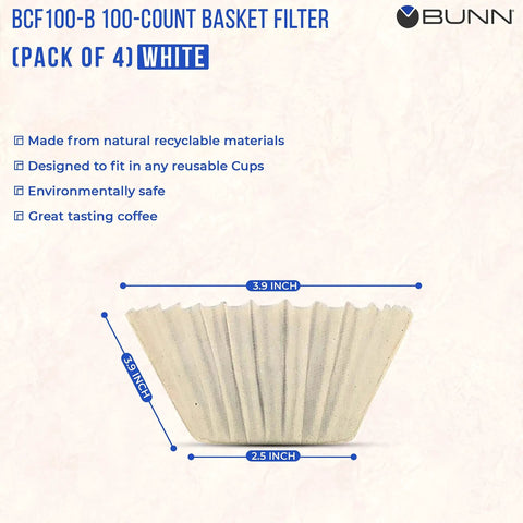 BCF100-B basket filter with dimensions, beige color, focuses on 3.9 inch top, 3.3 inch height, 2.5 inch base; Pack of 4.