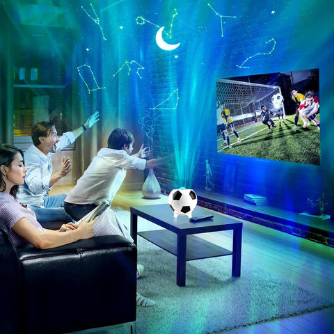 Family enjoying Soccer Ball Shaped Constellation Projector Night Light With Bluetooth Speaker And USB Charger in living room