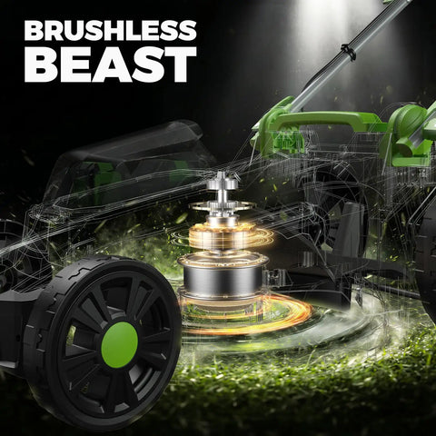 Cordless 40V 17 Inch Lawn Mower With Dual 4Ah Batteries, Brushless 1200W Motor, 6 Level Height Adjustment, 50L Grass Bag, 40 Minute Runtime For Yards Up To 500 Square Meters, Easy Push Start, Quiet Power, Big Yard Companion, brushless motor close-up