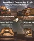 Portable Camping Fan With Light And Remote For Tents And Outdoors, Rechargeable Wireless Hanging Ceiling Fan in various tent setups.