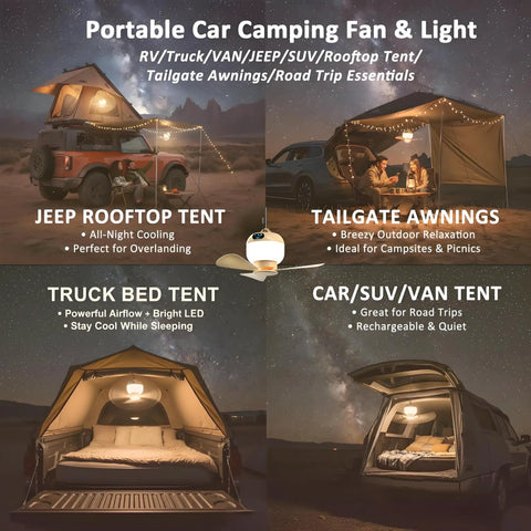 Portable Camping Fan With Light And Remote For Tents And Outdoors, Rechargeable Wireless Hanging Ceiling Fan in various tent setups.
