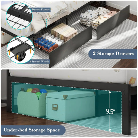 Super Solid Corner Twin XL Bed Frame With Built In Storage Bookcase And Plush Tufted Upholstered Headboard For Kids Room featuring under-bed storage drawers and compartments.