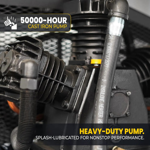 Close-up of Workhorse Industrial 3 Cylinder Silent Air Compressor pump showing 50000-hour cast iron construction.