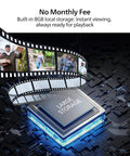 Film strip showing family images over large storage chip highlighting Dual Cameras 2K QHD Video Doorbell With Motion Detection features.