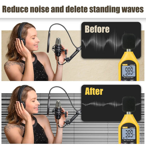 Before and after sound measurement using 48 Pack High Density Self Adhesive Sound Proof Foam Panels 12 By 12 By 2 Inches.