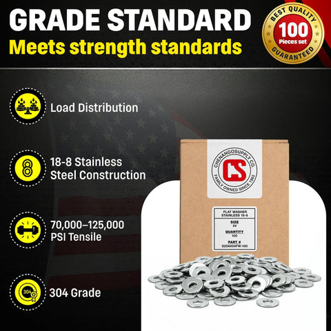 Dang Tough Number Four Stainless Flat Washers Crafted From Top Shelf Eighteen Eight Alloy For Flawless Corrosion Defense And Rock Solid Grip On Every Weekend Building Project in a box with 100 pieces.